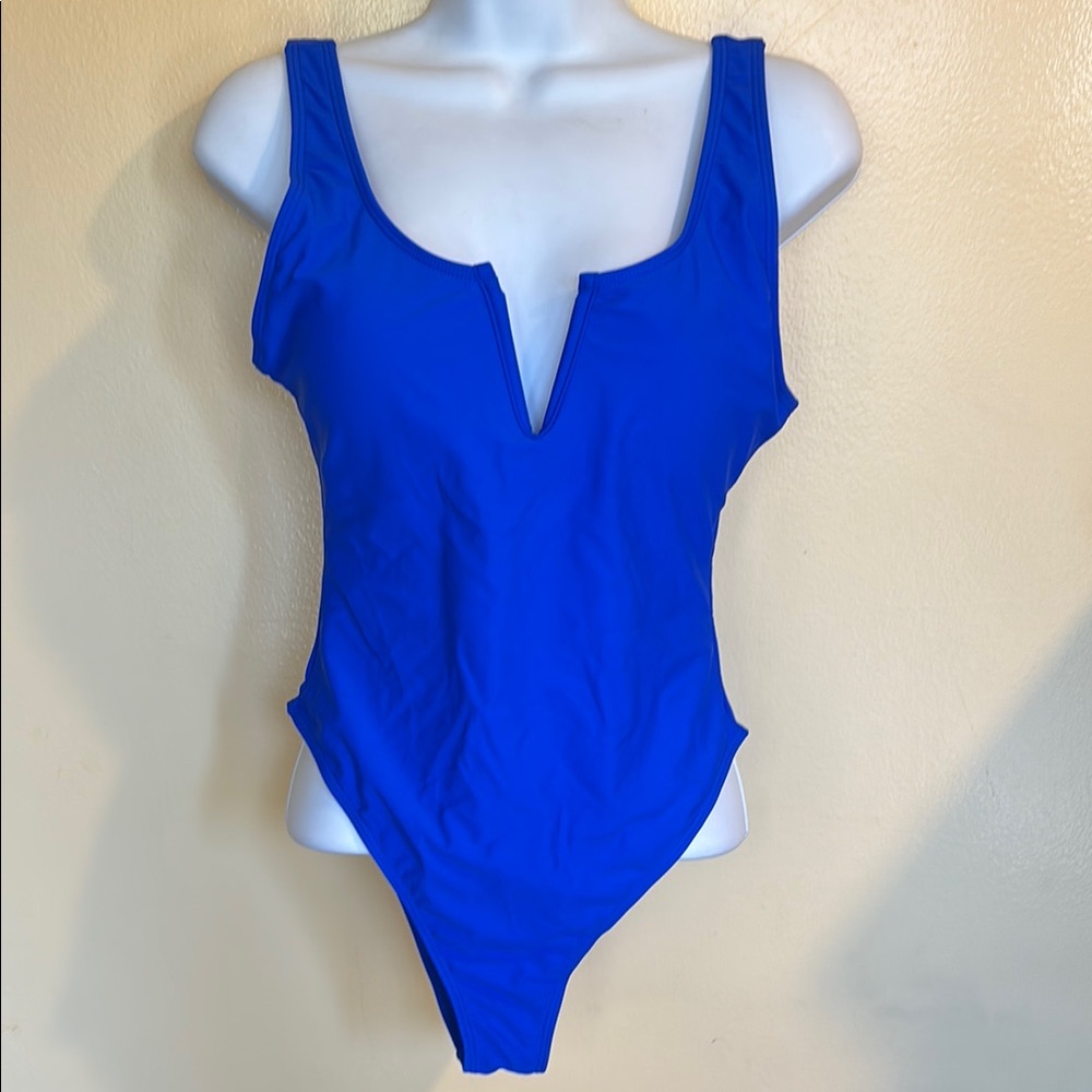 SHEIN Blue One Piece Swimsuit V-Notch Design